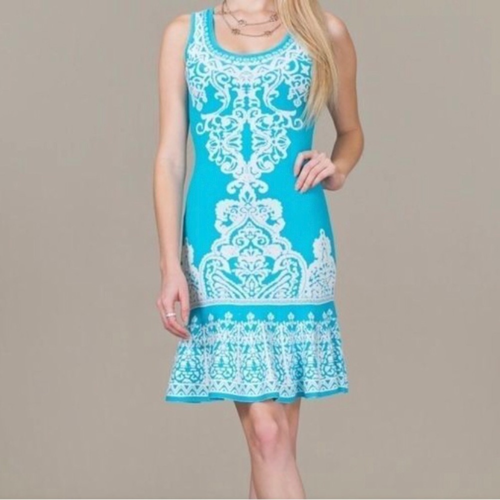 NEW Turquoise Stretchy Knit Sexy Sleeveless Dress White Pattern Women’s small